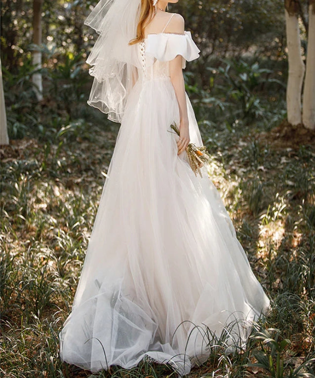 White Off Shoulder Wedding Dress Long Prom Dress with