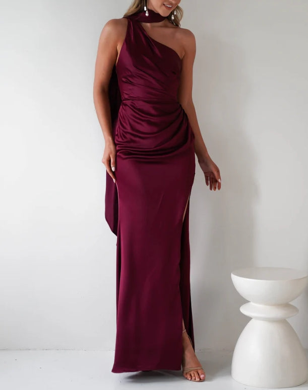 Dingji Weddingji Dresse Burgundy split neck formal bridesmaid dress