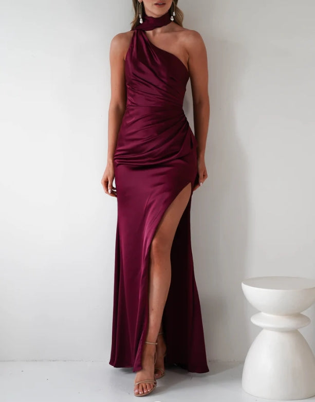 Dingji Weddingji Dresse Burgundy split neck formal bridesmaid dress