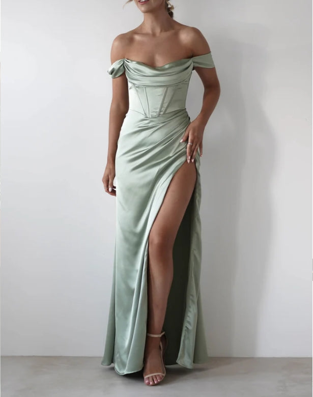 A-Line Off-the-Shoulder Split formal bridesmaid dress