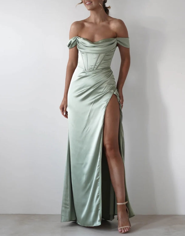 A-Line Off-the-Shoulder Split formal bridesmaid dress