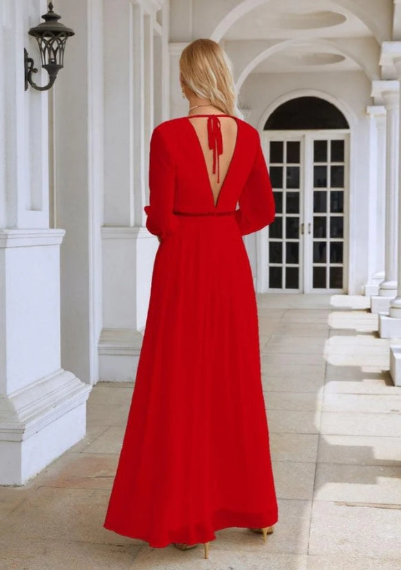 Ladies V Neck Chiffon Long Sleeve Front Slit Bridesmaid Dress Wedding Party Shopping Evening Dress