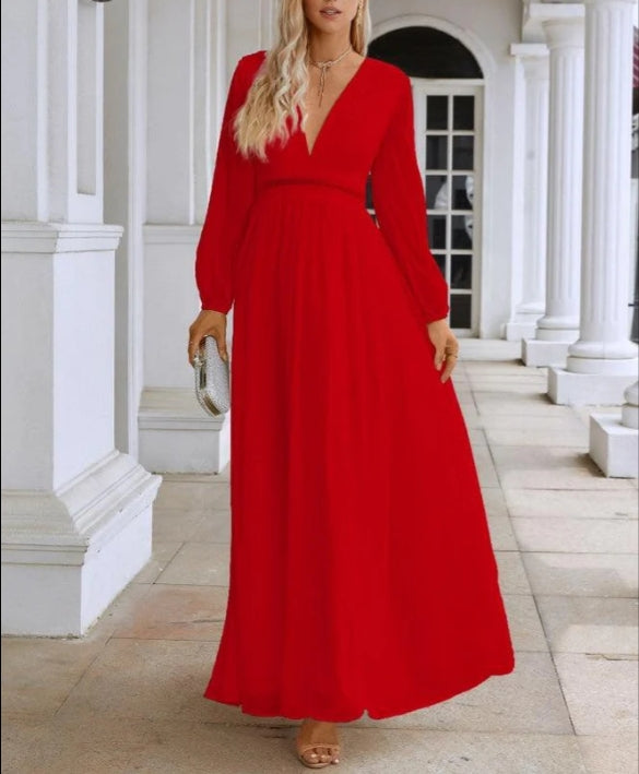Ladies V Neck Chiffon Long Sleeve Front Slit Bridesmaid Dress Wedding Party Shopping Evening Dress