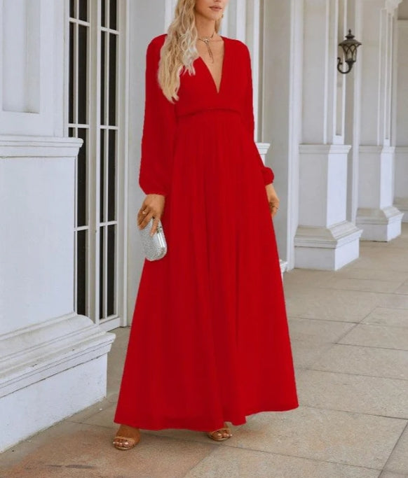 Ladies V Neck Chiffon Long Sleeve Front Slit Bridesmaid Dress Wedding Party Shopping Evening Dress