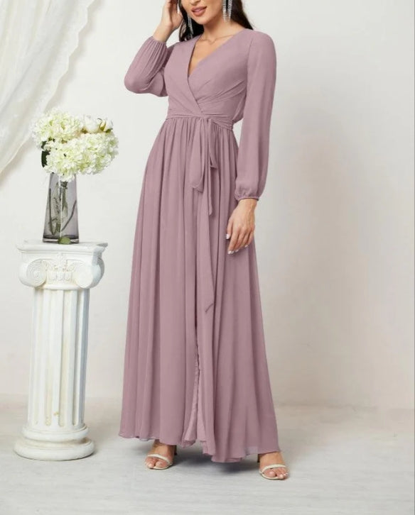 V-Neck Chiffon Bridesmaid Dresses Long Bishop Sleeve Side Split Formal Dress