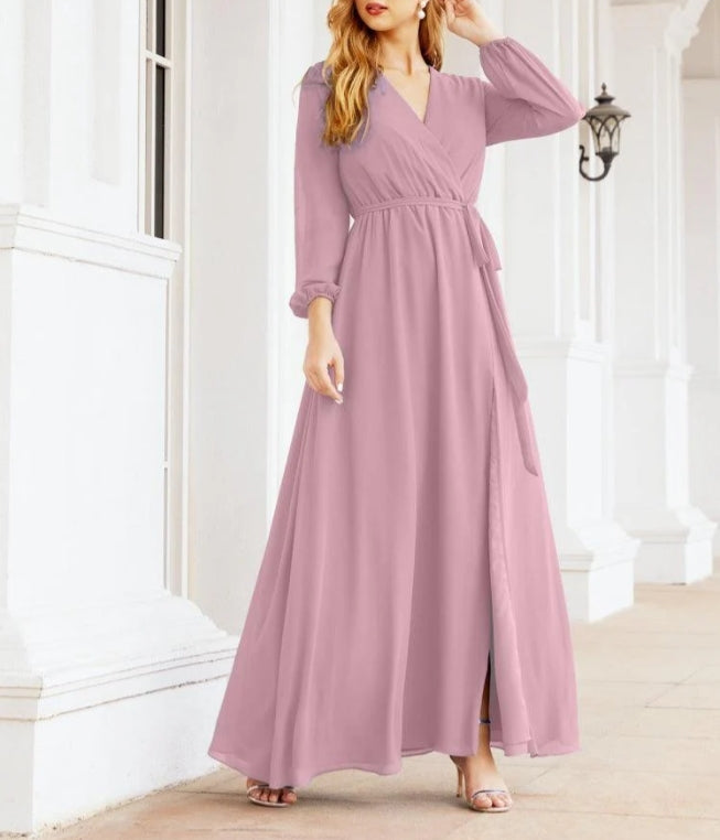 Women's Chiffon Bridesmaid Dress A line Long Sleeves Formal Evening Prom Gown for Wedding Guest