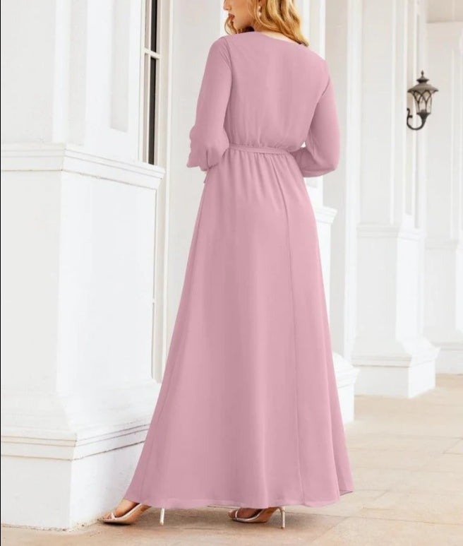 Women's Chiffon Bridesmaid Dress A line Long Sleeves Formal Evening Prom Gown for Wedding Guest