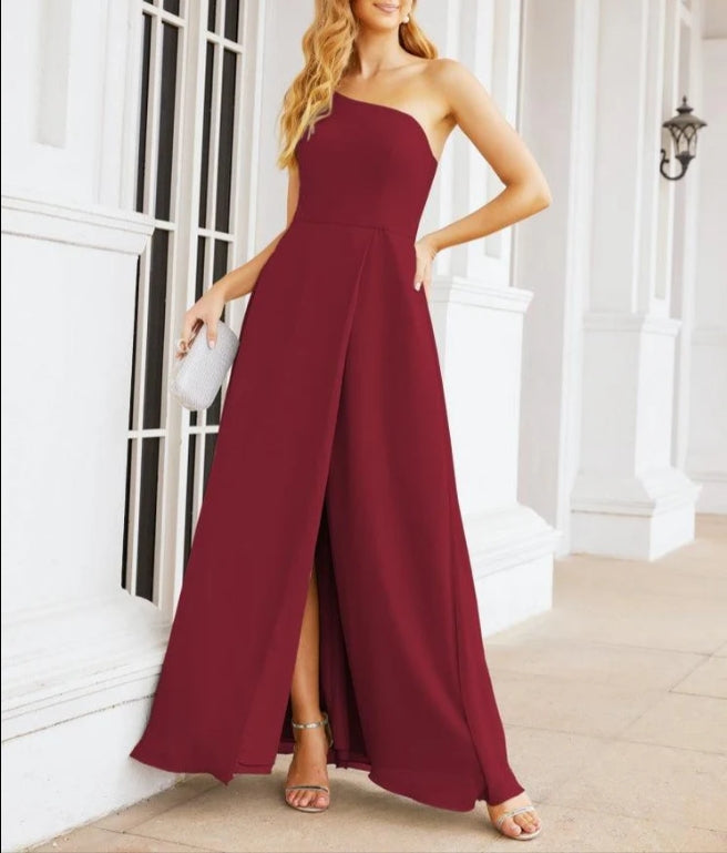 Women's One Shoulder Formal Prom Gowns for Mother of The Bride Side Slit Bridesmaid Dresses