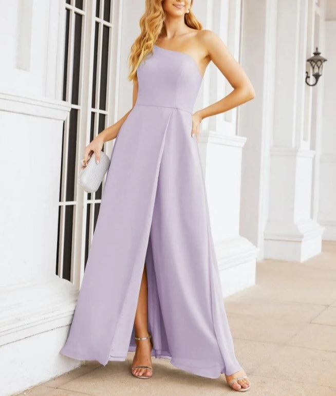 Women's One Shoulder Formal Prom Gowns for Mother of The Bride Side Slit Bridesmaid Dresses