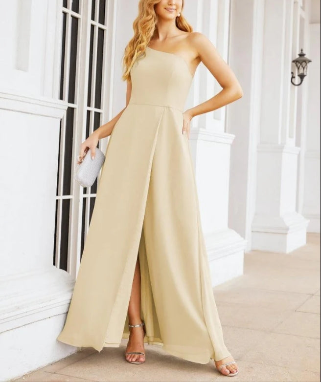 Women's One Shoulder Formal Prom Gowns for Mother of The Bride Side Slit Bridesmaid Dresses