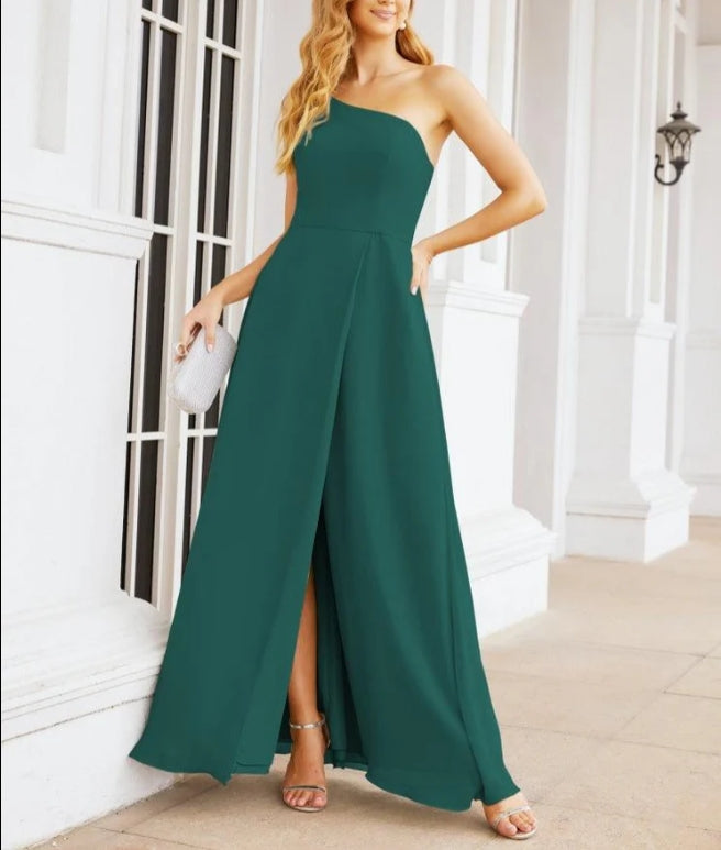 Women's One Shoulder Formal Prom Gowns for Mother of The Bride Side Slit Bridesmaid Dresses