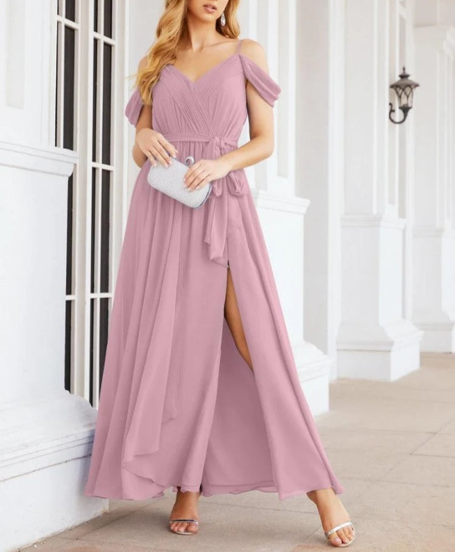 Off The Shoulder Chiffon Bridesmaid Dress Long Formal Graduation Gown with Cowl Back