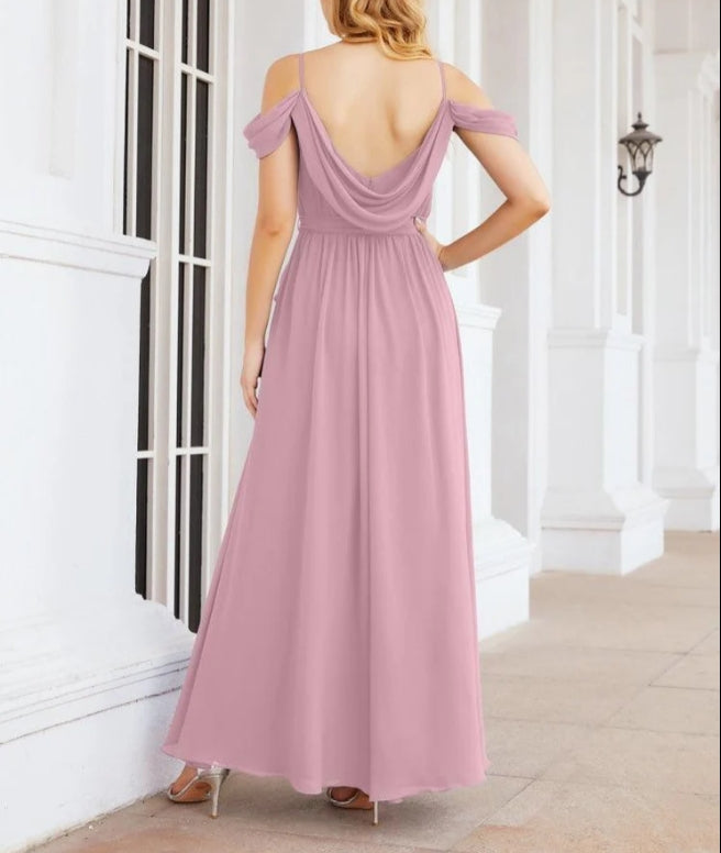 Off The Shoulder Chiffon Bridesmaid Dress Long Formal Graduation Gown with Cowl Back