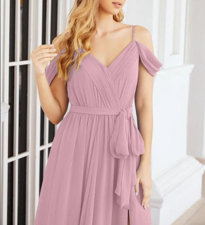 Off The Shoulder Chiffon Bridesmaid Dress Long Formal Graduation Gown with Cowl Back