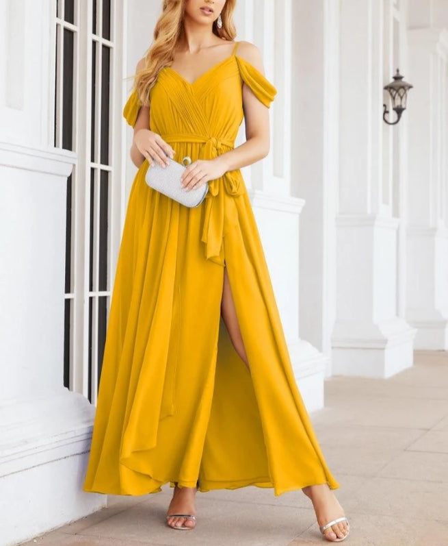 Off The Shoulder Chiffon Bridesmaid Dress Long Formal Graduation Gown with Cowl Back