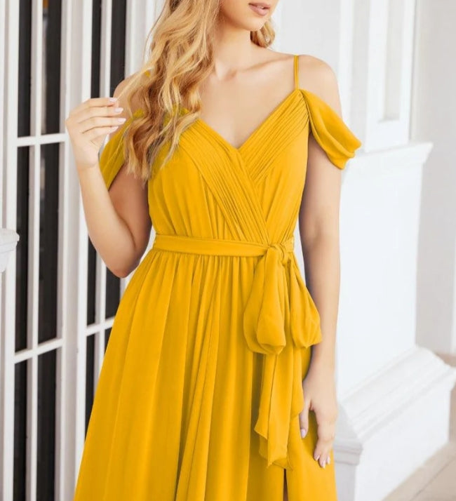 Off The Shoulder Chiffon Bridesmaid Dress Long Formal Graduation Gown with Cowl Back