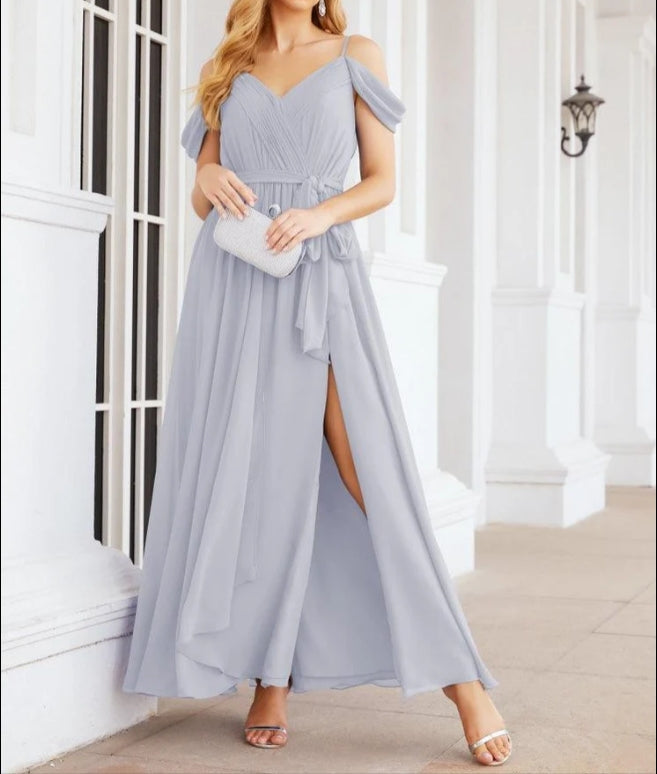 Off The Shoulder Chiffon Bridesmaid Dress Long Formal Graduation Gown with Cowl Back