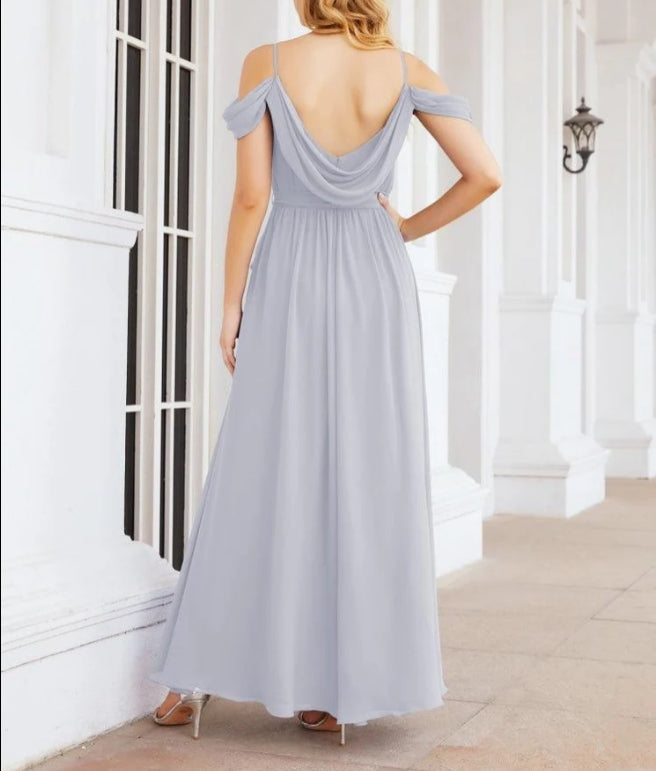 Off The Shoulder Chiffon Bridesmaid Dress Long Formal Graduation Gown with Cowl Back