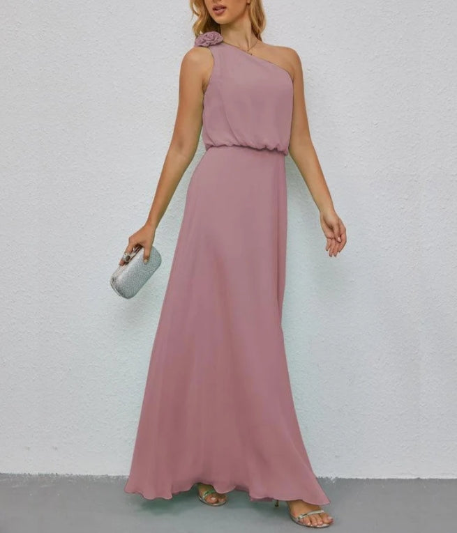 One Shoulder Sleeveless Long Bridesmaid Dresses A-line Formal Evening Gown Side Split