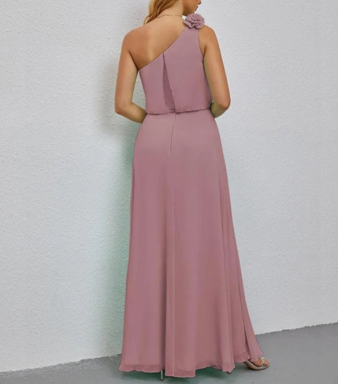 One Shoulder Sleeveless Long Bridesmaid Dresses A-line Formal Evening Gown Side Split