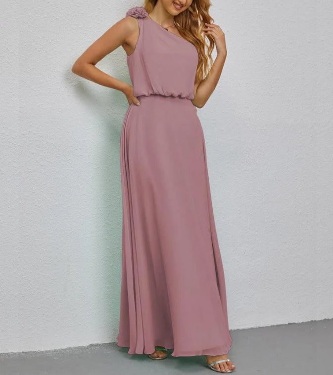 One Shoulder Sleeveless Long Bridesmaid Dresses A-line Formal Evening Gown Side Split