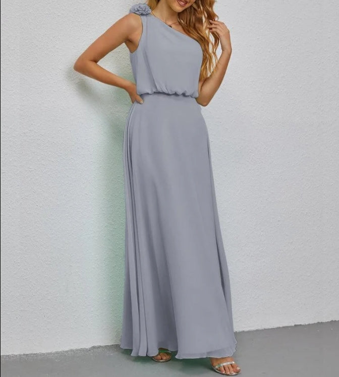 One Shoulder Sleeveless Long Bridesmaid Dresses A-line Formal Evening Gown Side Split