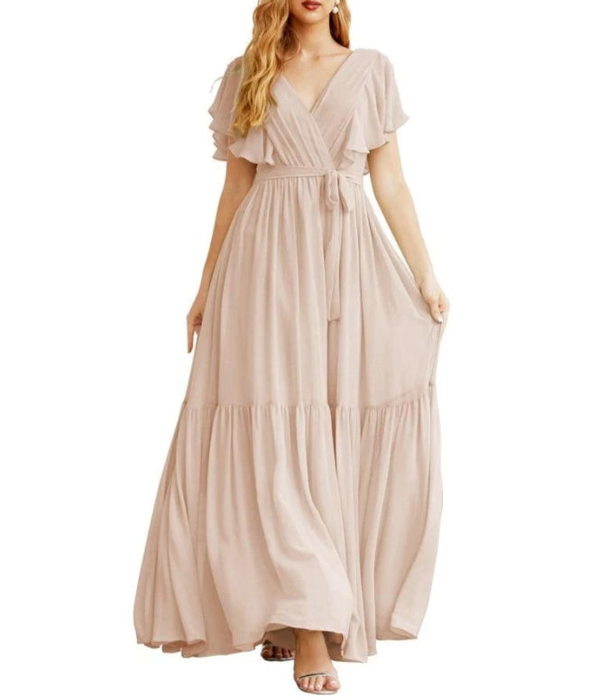 Formal Evening Party Prom Gowns V-Neck Long Chiffon Bridesmaid Dresses with Waist Belt