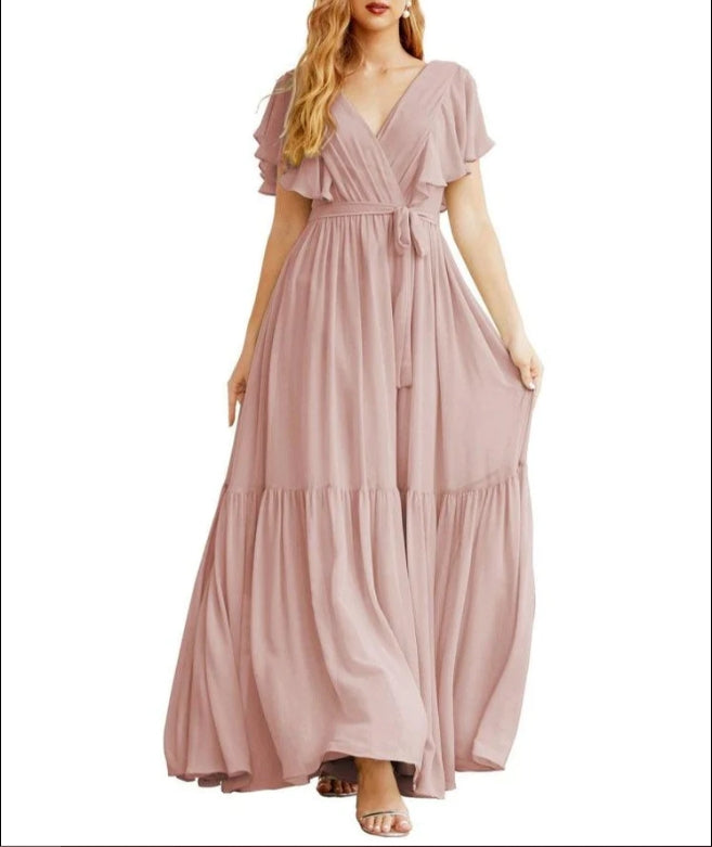 Formal Evening Party Prom Gowns V-Neck Long Chiffon Bridesmaid Dresses with Waist Belt