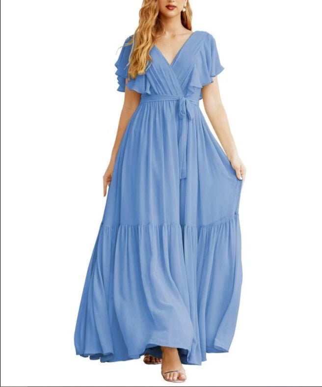 Formal Evening Party Prom Gowns V-Neck Long Chiffon Bridesmaid Dresses with Waist Belt