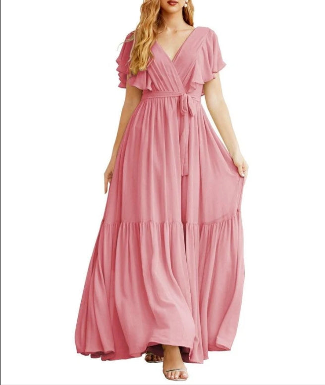 Formal Evening Party Prom Gowns V-Neck Long Chiffon Bridesmaid Dresses with Waist Belt