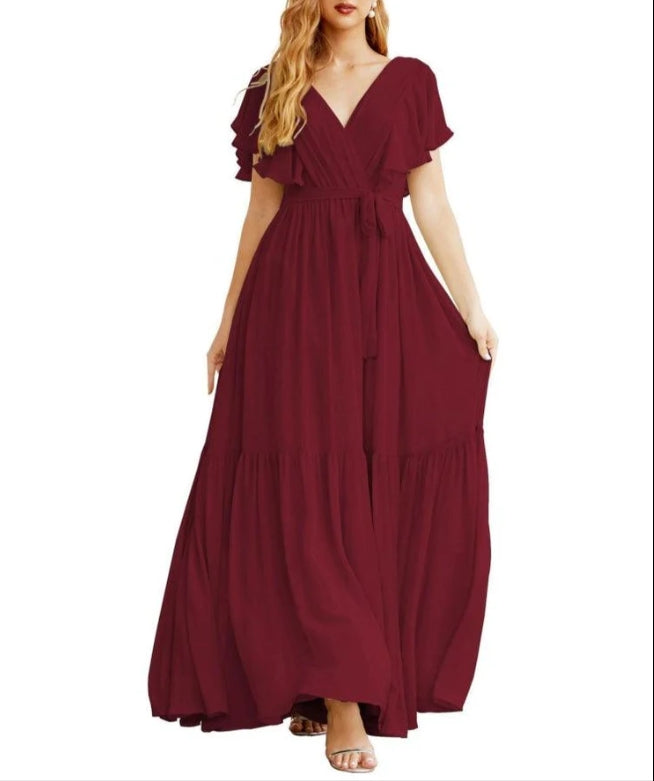 Formal Evening Party Prom Gowns V-Neck Long Chiffon Bridesmaid Dresses with Waist Belt