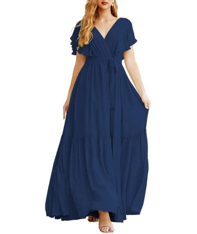 Formal Evening Party Prom Gowns V-Neck Long Chiffon Bridesmaid Dresses with Waist Belt