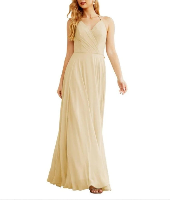 Women's Halter Chiffon Bridesmaid Dresses Wedding Apparel Long Sleeveless Formal Prom Dress with
