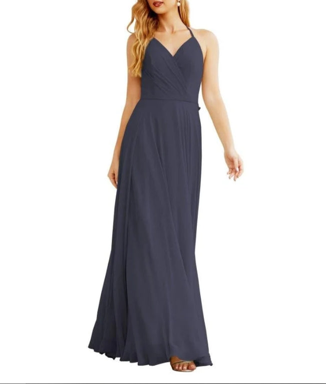 Women's Halter Chiffon Bridesmaid Dresses Wedding Apparel Long Sleeveless Formal Prom Dress with