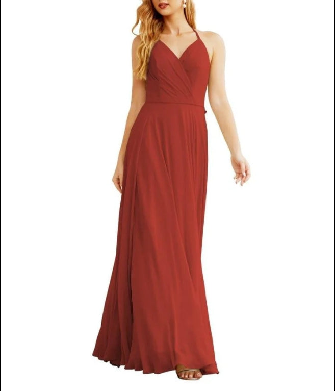 Women's Halter Chiffon Bridesmaid Dresses Wedding Apparel Long Sleeveless Formal Prom Dress with