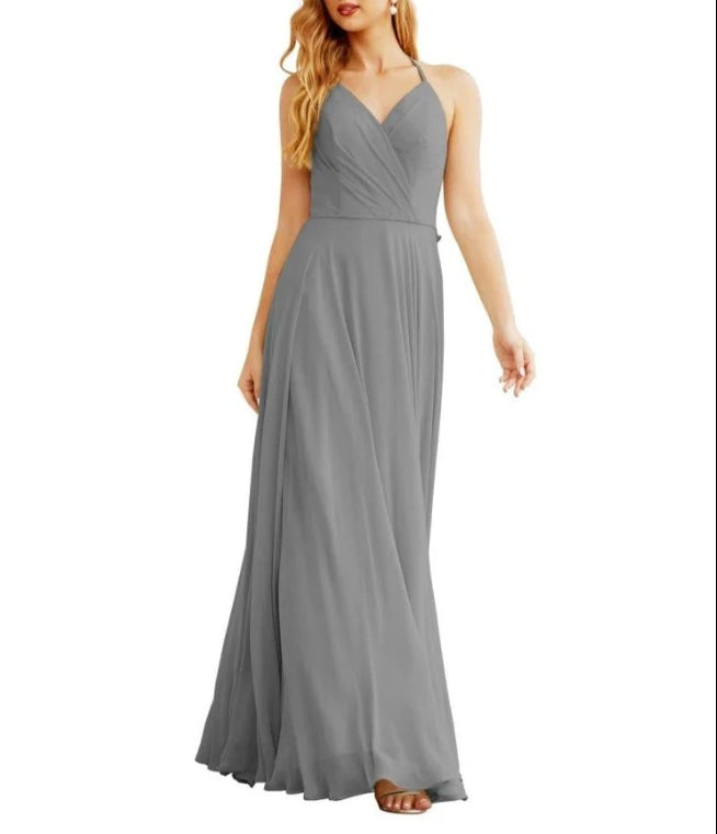 Women's Halter Chiffon Bridesmaid Dresses Wedding Apparel Long Sleeveless Formal Prom Dress with