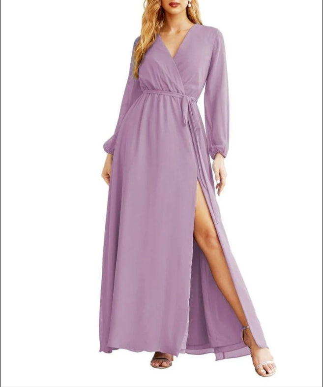 Women's Chiffon Bridesmaid Dress A line Long Sleeves Formal Evening Prom Gown for Wedding Guest