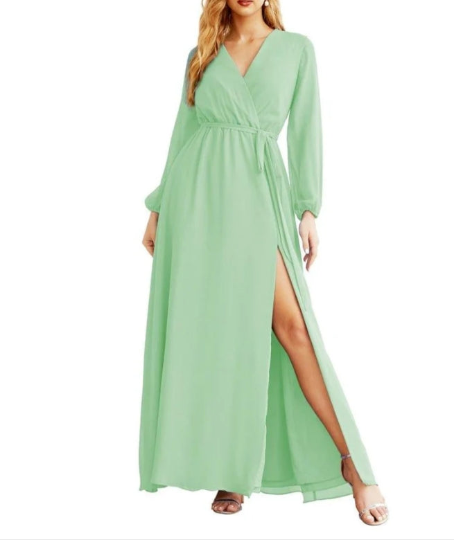 Women's Chiffon Bridesmaid Dress A line Long Sleeves Formal Evening Prom Gown for Wedding Guest