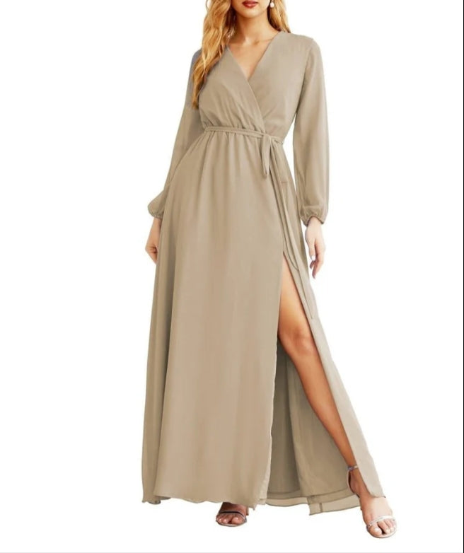 Women's Chiffon Bridesmaid Dress A line Long Sleeves Formal Evening Prom Gown for Wedding Guest