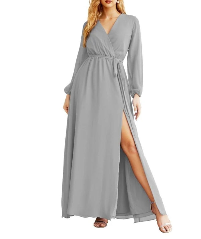Women's Chiffon Bridesmaid Dress A line Long Sleeves Formal Evening Prom Gown for Wedding Guest