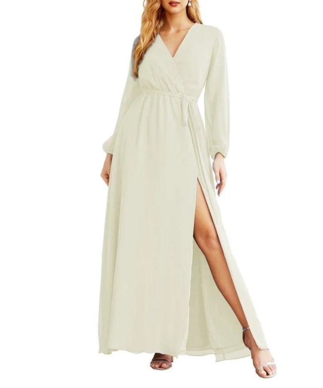 Women's Chiffon Bridesmaid Dress A line Long Sleeves Formal Evening Prom Gown for Wedding Guest