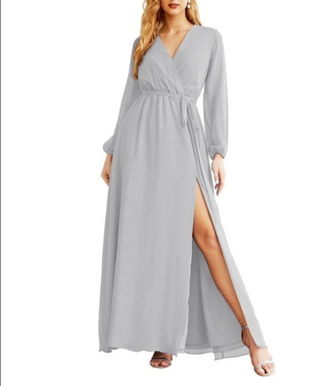 Women's Chiffon Bridesmaid Dress A line Long Sleeves Formal Evening Prom Gown for Wedding Guest