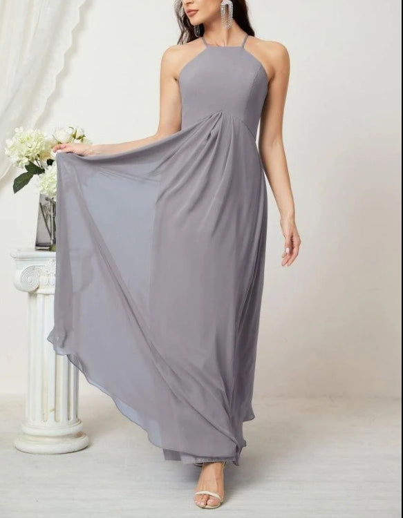 Numbersea Chiffon Halter Bridesmaid Dresses Long A-Line Formal Evening Dress