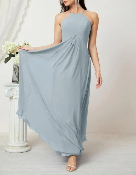Numbersea Chiffon Halter Bridesmaid Dresses Long A-Line Formal Evening Dress