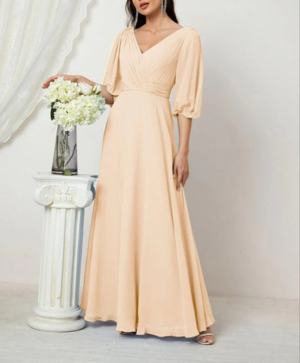 Formal Prom Gown Women V-Neck Chiffon Bridesmaid Dresses Long Bishop Sleeve Party Dress