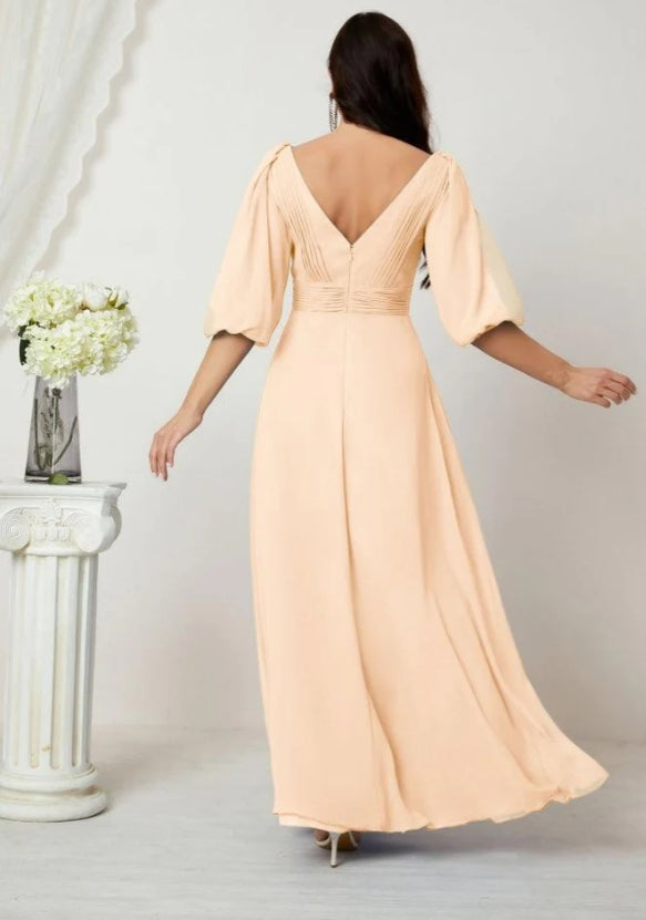 Formal Prom Gown Women V-Neck Chiffon Bridesmaid Dresses Long Bishop Sleeve Party Dress