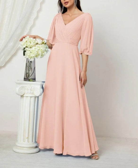 Formal Prom Gown Women V-Neck Chiffon Bridesmaid Dresses Long Bishop Sleeve Party Dress
