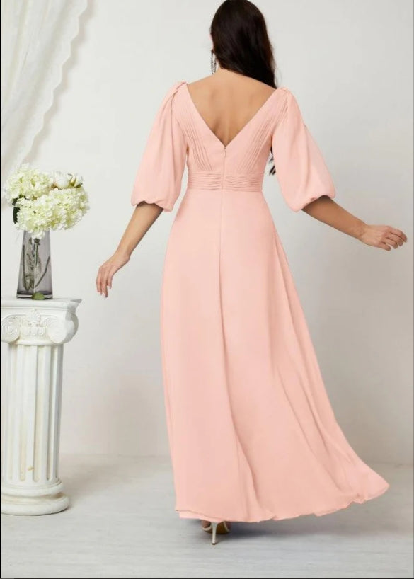 Formal Prom Gown Women V-Neck Chiffon Bridesmaid Dresses Long Bishop Sleeve Party Dress