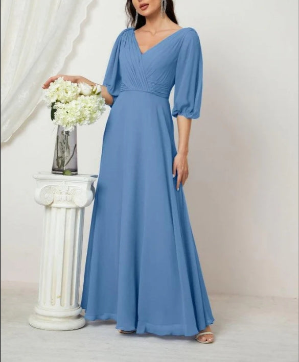 Formal Prom Gown Women V-Neck Chiffon Bridesmaid Dresses Long Bishop Sleeve Party Dress