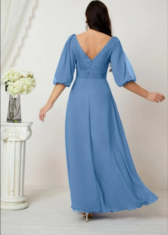 Formal Prom Gown Women V-Neck Chiffon Bridesmaid Dresses Long Bishop Sleeve Party Dress